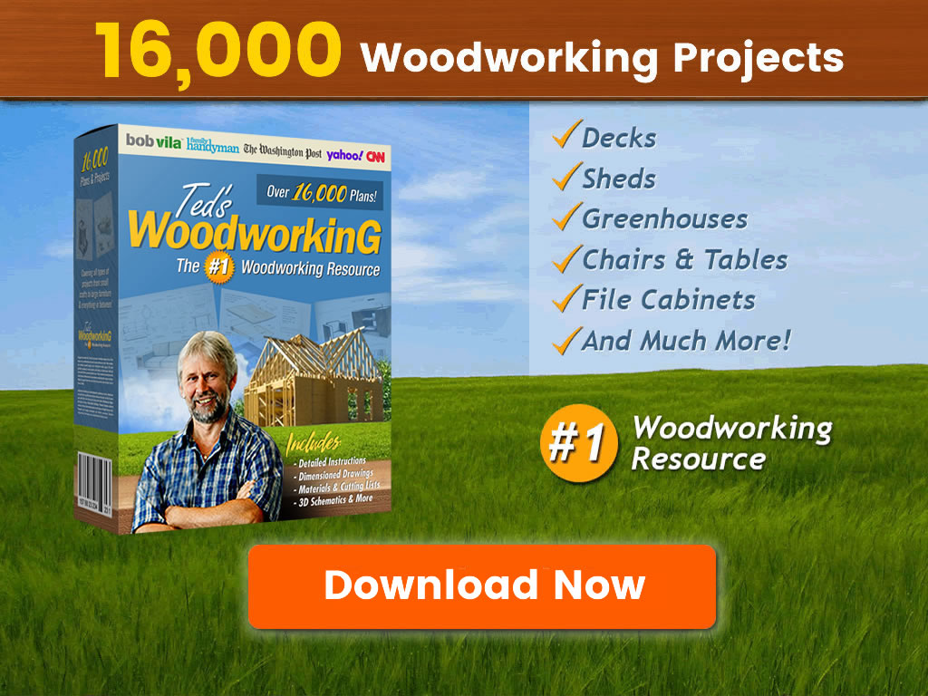 Teds Woodworking banner: smiling older man with gray beard in plaid shirt standing in front of wooden cabin or shed frame under clear sky