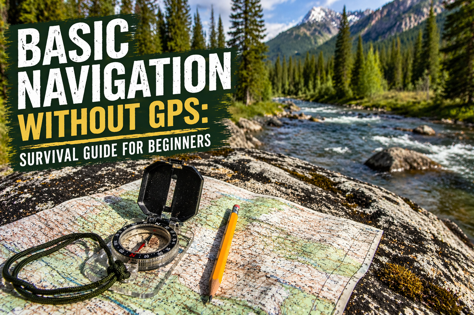 Compass and topographic map on a riverside rock with mountain wilderness in the background and the title “Basic Navigation Without GPS: Survival Guide for Beginners” overlaid.
