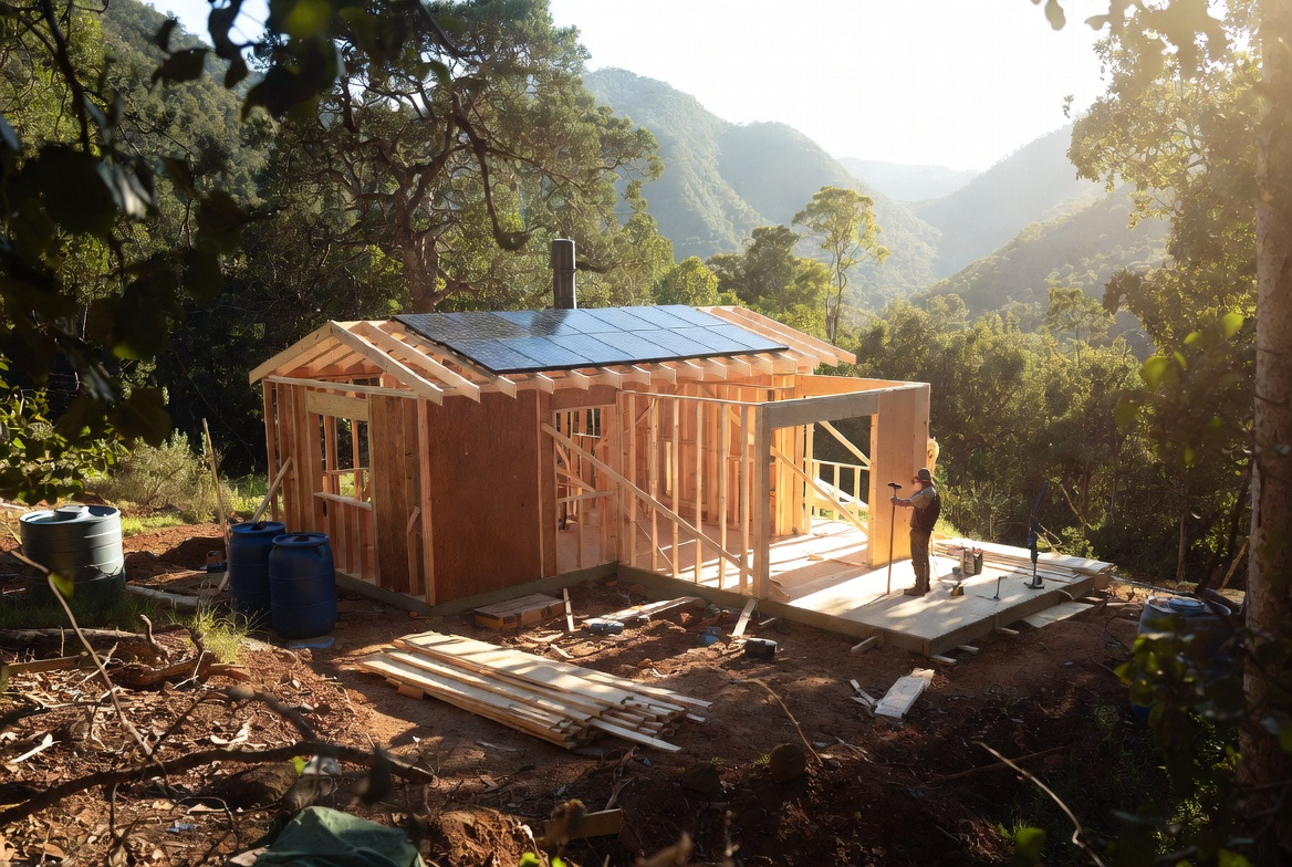 Off-grid homesteader standing beside a rustic wooden cabin with solar panels on the roof in a scenic mountain and forest setting — example of building off-grid homes, tiny houses, and cabins.