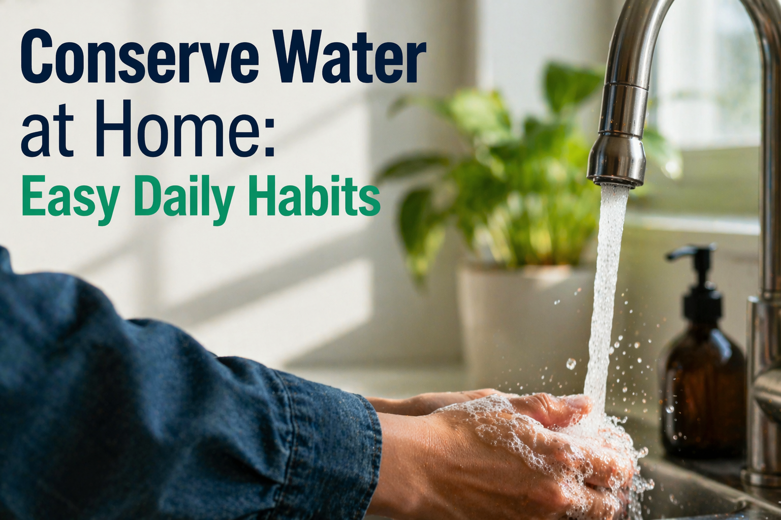 Conserve water at home feature image showing hands under a kitchen faucet with the title Easy Daily Habits in a bright modern setting.