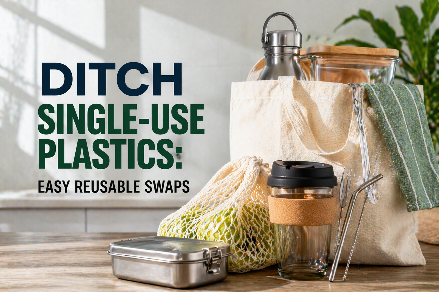 Reusable swaps for single-use plastics with tote bag, stainless steel bottle, glass container, lunch box, and reusable coffee cup in a bright kitchen.