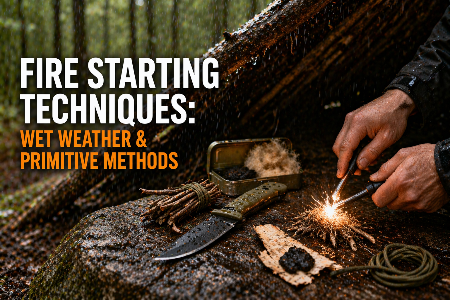 Fire starting techniques in wet weather with tinder, ferro rod, knife, and primitive fire-starting setup in a rainy forest.