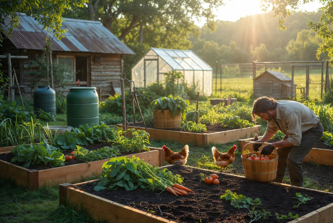 Off-grid homesteader tending a self-sufficient garden with raised beds full of vegetables and free-range chickens at golden hour, greenhouse and rustic shed in the background — growing food off grid basics.