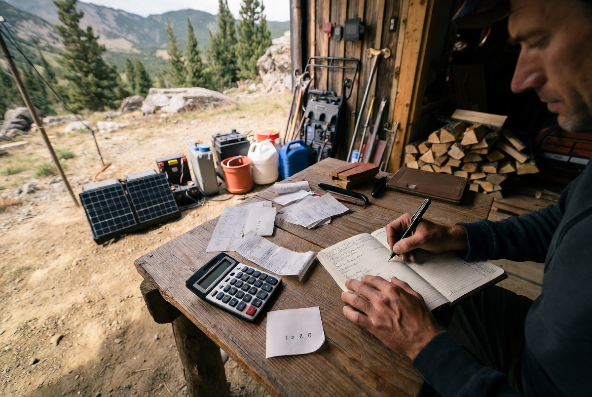 Man reviewing expenses and writing notes at an outdoor wooden table surrounded by solar panels, water jugs, firewood, and tools with mountains in the background.