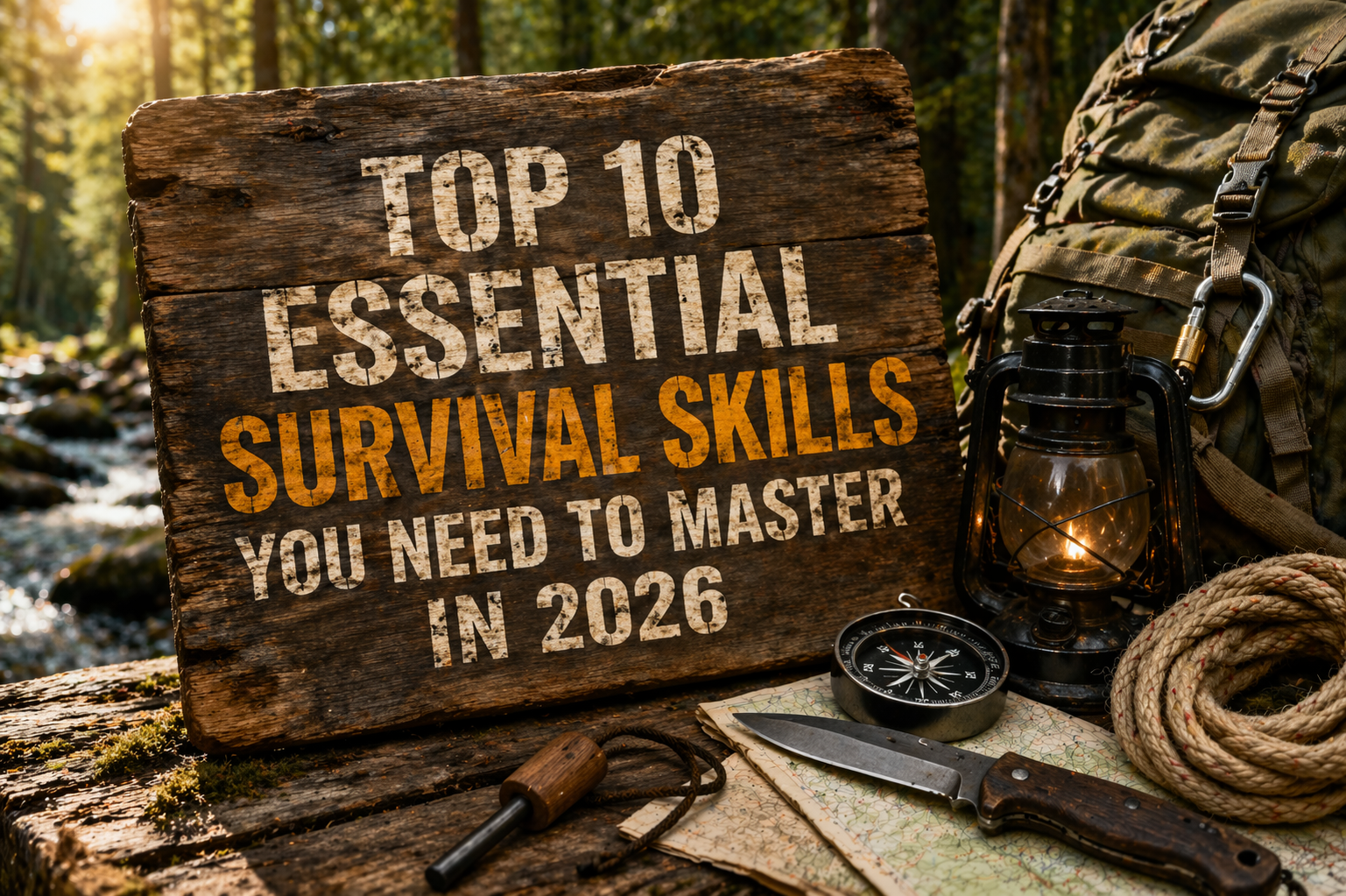 Top 10 Essential survival skills feature image showing rustic survival gear, lantern, compass, knife, rope, and wooden title sign in an outdoor wilderness setting.