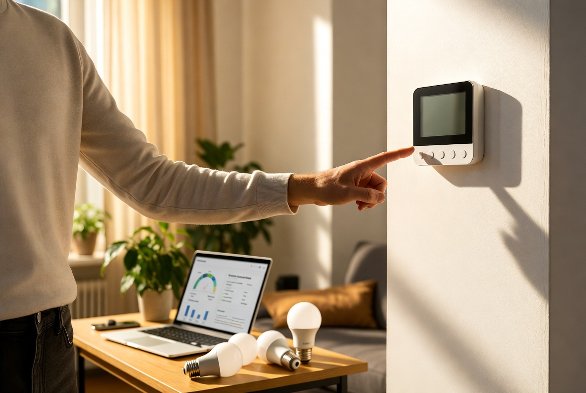 Person adjusting a digital smart thermostat on the wall while monitoring energy usage on a laptop — simple money-saving habit for improving energy efficiency at home in 2026.