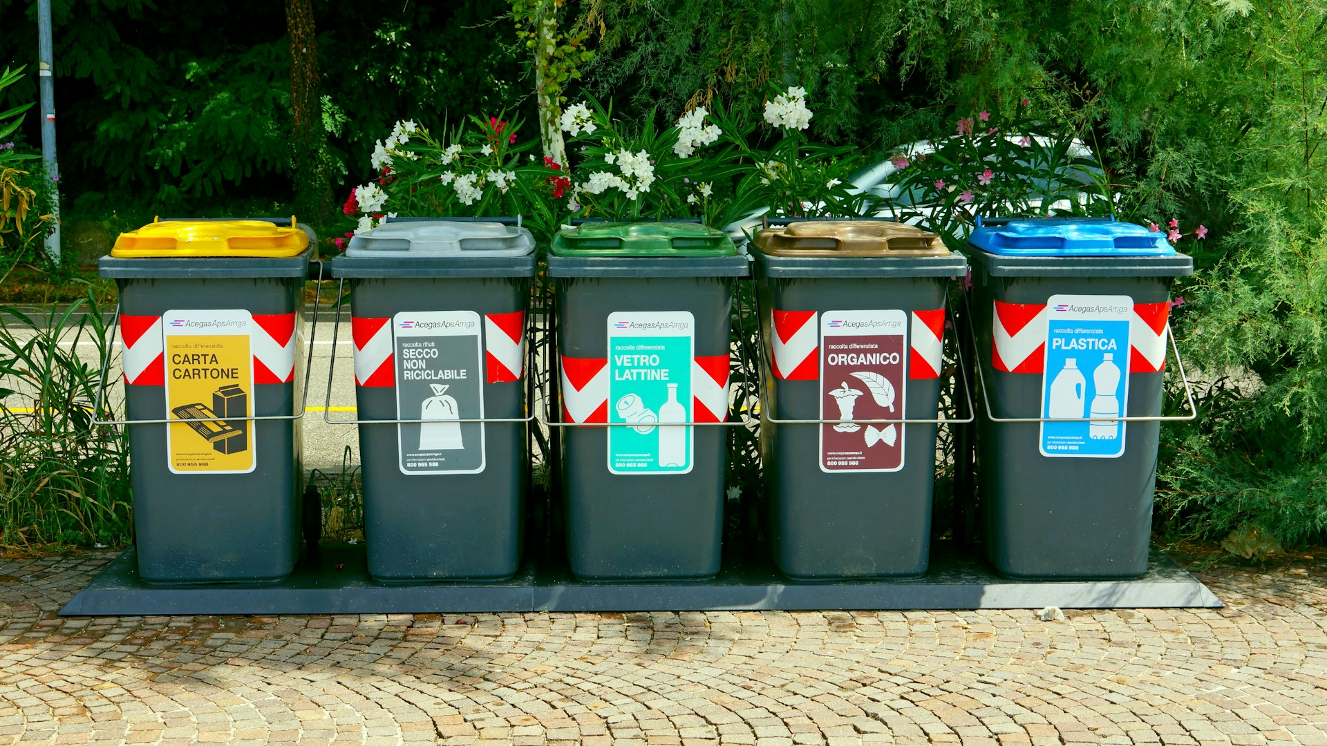 Reduce, reuse and recycle: four colorful outdoor waste sorting bins for residual, organic, packaging, and paper waste