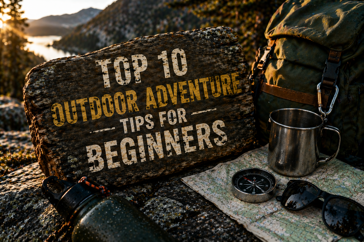 Beginner outdoor adventure tips feature image with hiking gear, map, compass, backpack, and mountain lake view at sunset.