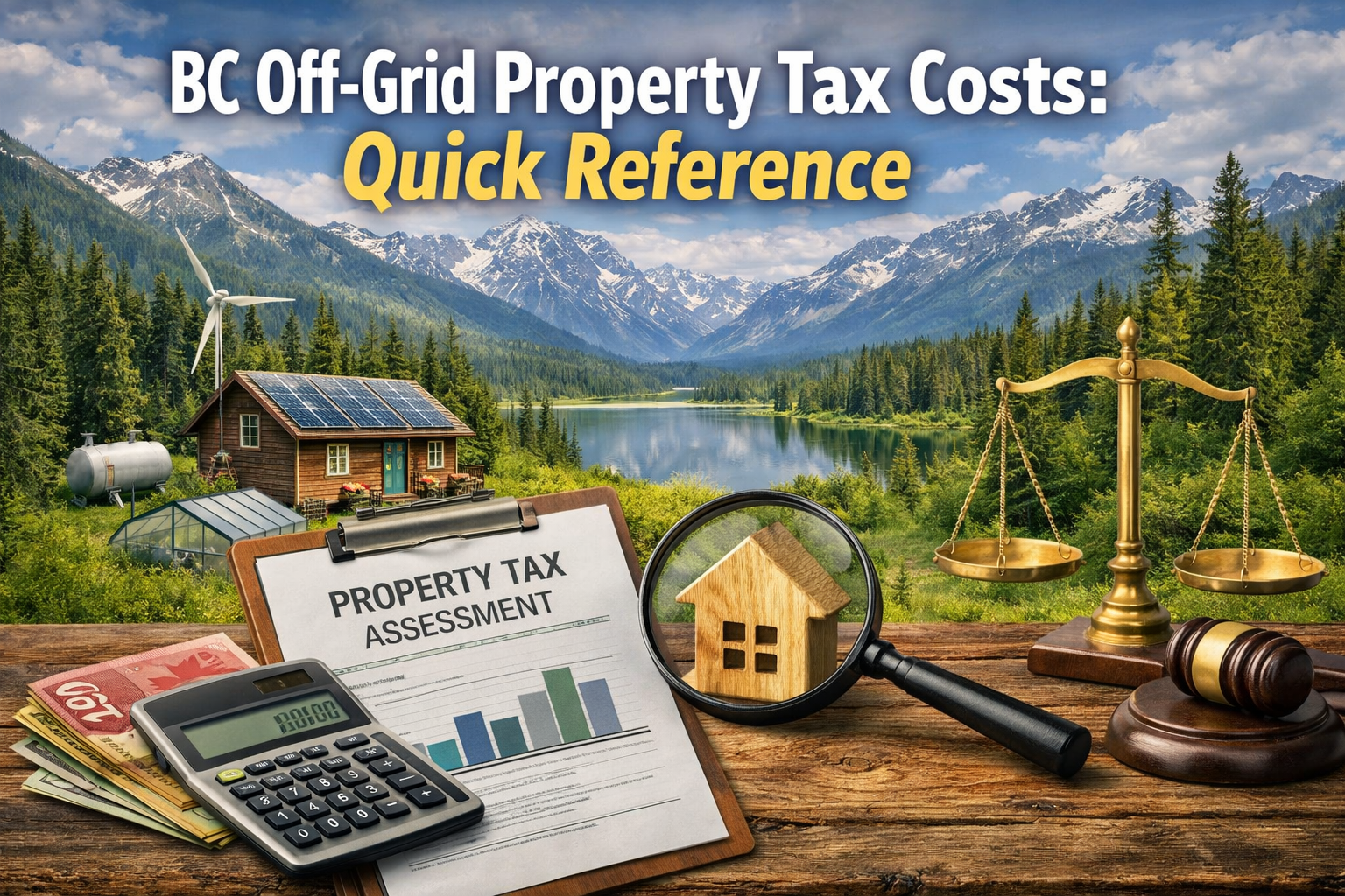 BC off-grid cabin with solar panels and wind turbine overlooking mountains, with property tax documents, calculator, and Canadian money in foreground