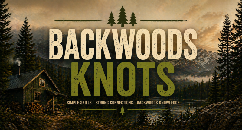 Backwoods Knots image link mountain scene by a lake, green cabin on left side with a stach of wood trees behind the cabin