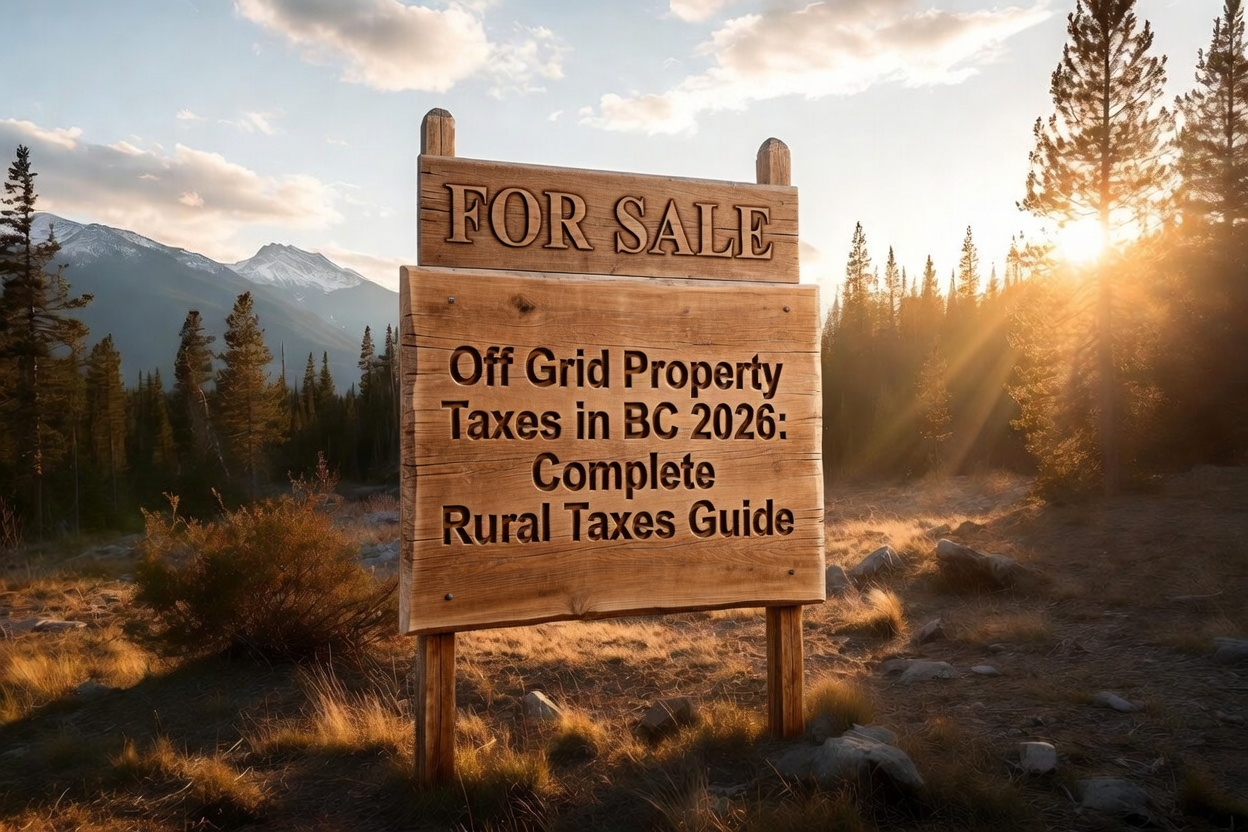 Photorealistic feature image of a rustic wooden “For Sale” sign deeply carved with the title “Off Grid Property Taxes in BC 2026: Complete Rural Taxes Guide”. The sign stands in a golden-hour British Columbia wilderness clearing surrounded by pine trees and dramatic snow-capped mountains.